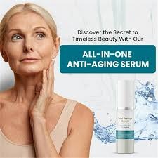 Total Package Serum all-in-one anti-aging serum advertisement featuring a woman and the serum bottle